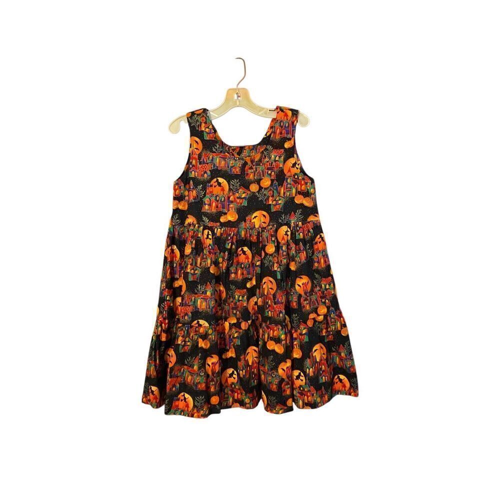 Handcrafted hand, stone girls, Halloween, print, tiered dress, size 5 ￼￼